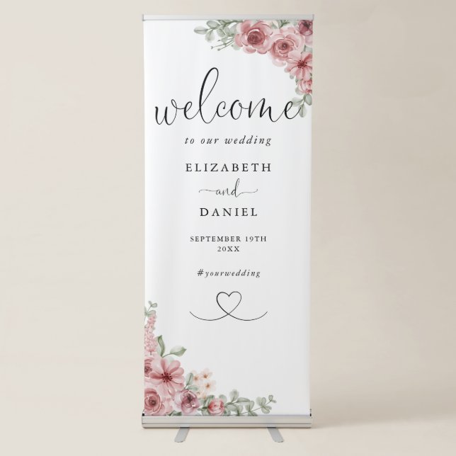 Chic Heart Script Roses Floral Wedding Welcome Retractable Banner (Front)