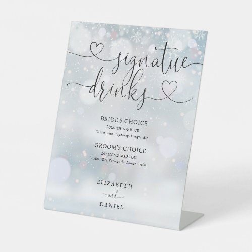 Chic Heart Script Winter Wedding Signature Drinks Pedestal Sign