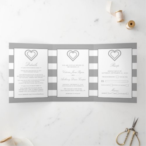 Chic Heart Silver Striped Wedding Suite Tri_Fold Invitation