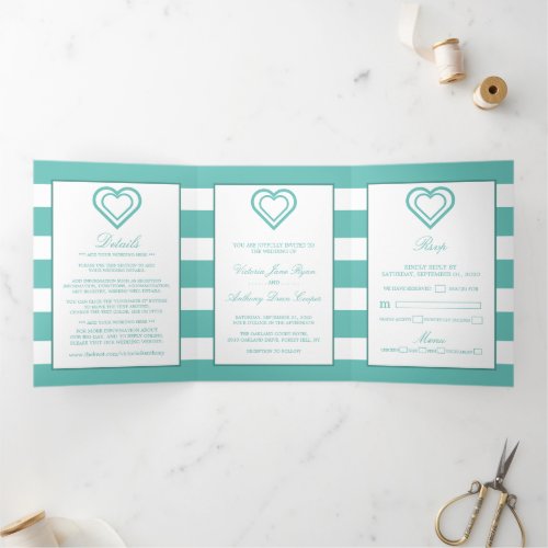 Chic Heart Teal Striped Wedding Suite Tri_Fold Invitation