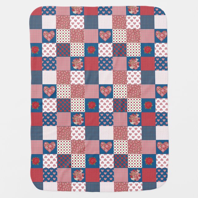 Chic Hearts and Roses Faux Patchwork Baby Blanket (Front)