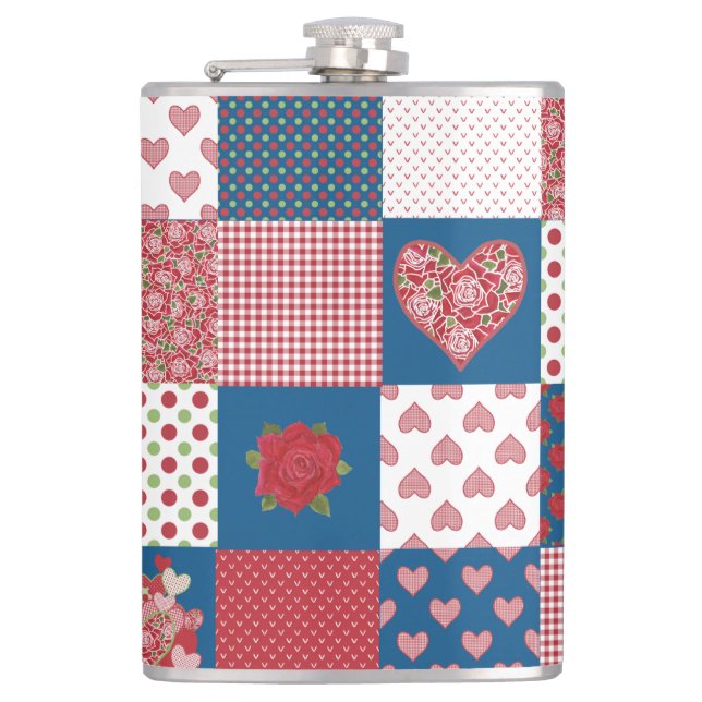 Chic Hearts and Roses Faux Patchwork Hip Flask (Front)
