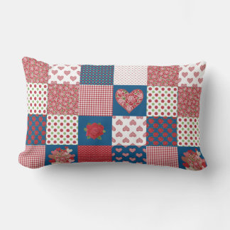Chic Hearts and Roses Faux Patchwork Lumbar Pillow