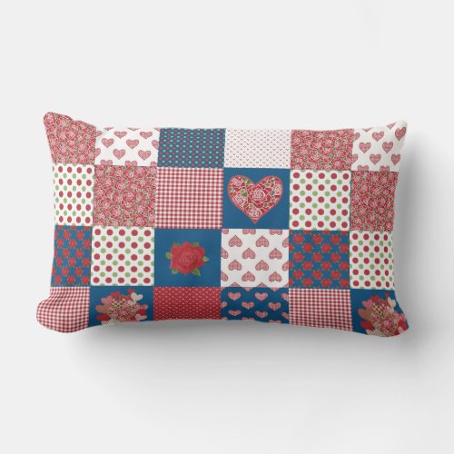 Chic Hearts and Roses Faux Patchwork Lumbar Pillow