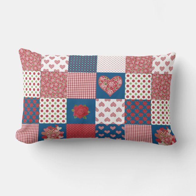 Chic Hearts and Roses Faux Patchwork Lumbar Pillow (Front)