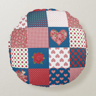 Chic Hearts and Roses Faux Patchwork Round Pillow