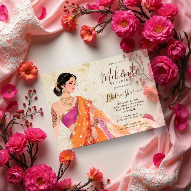Chic Henna Bride Orange Fuchsia Gold TLW26 Acrylic Invitations (Elegant Mehendi Ceremony Frosted Acrylic Invitation with Orange and Fuchsia Bride Illustration.)