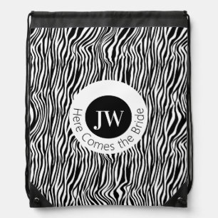 Chic Here Comes the Bride Zebra Pattern Wedding Drawstring Bag