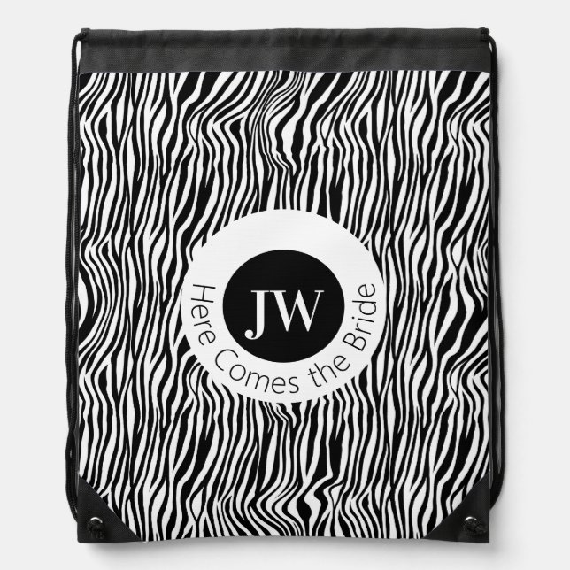  Chic Here Comes the Bride Zebra Pattern Wedding  Drawstring Bag (Front)