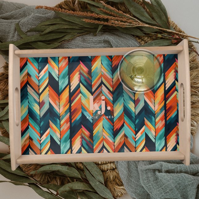 Chic Herringbone Colorful Pattern | Monogram  Serving Tray (Creator Uploaded)