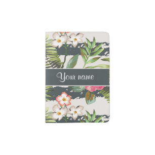 Chic Hibiscus Flowers and Stripes Passport Holder