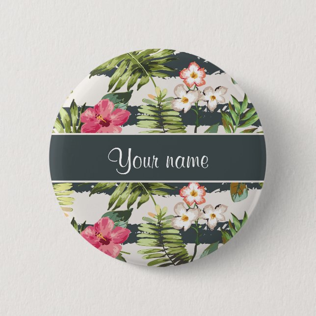 Chic Hibiscus Flowers and Stripes Pinback Button (Front)