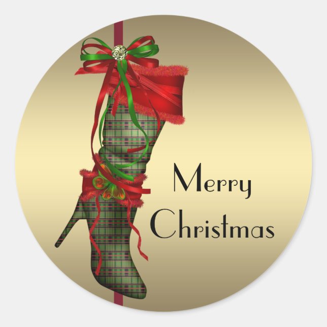 Chic High Heel Stocking Red Gold Christmas Sticker (Front)