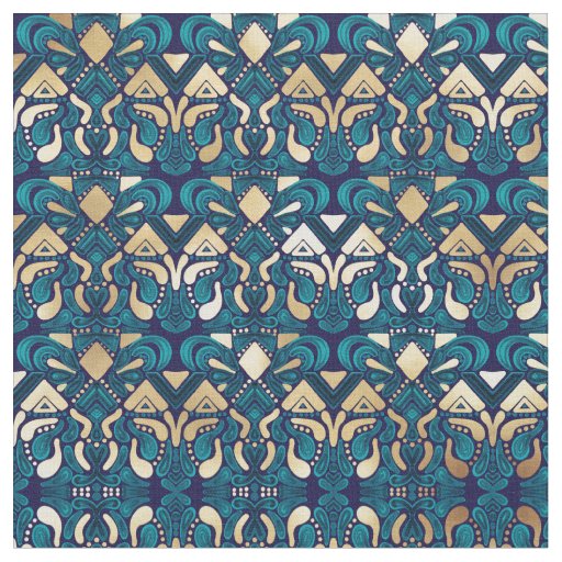 Chic Hipster Gold Emerald Blue Tribal Artsy Damask Fabric