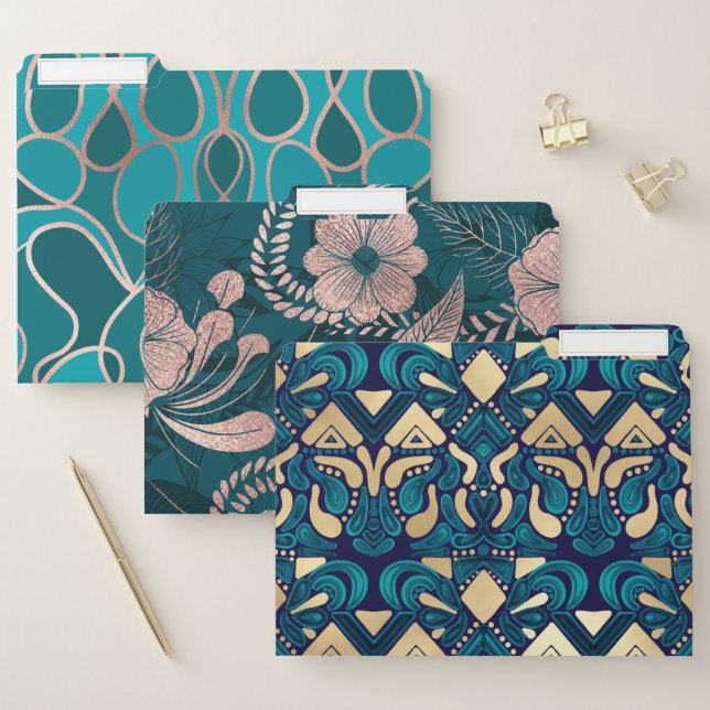 Chic Hipster Gold Emerald Blue Tribal Artsy Damask File Folder (Set)
