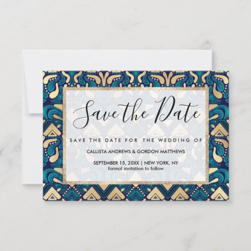 Chic Hipster Gold Emerald Blue Tribal Artsy Damask Save The Date