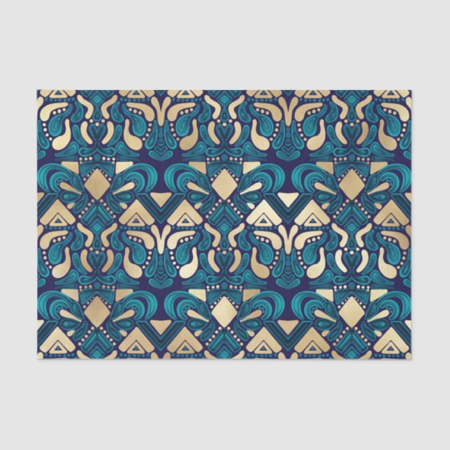 Chic Hipster Gold Emerald Blue Tribal Artsy Damask Tissue Paper (Front)