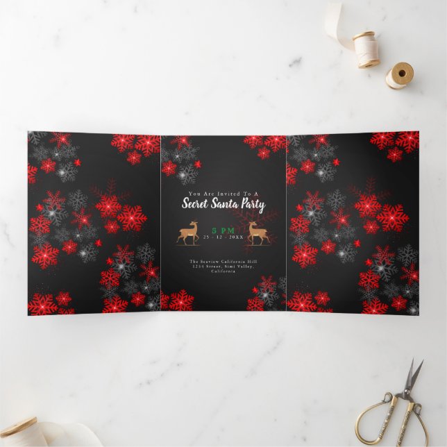 Chic Ho Red Burgundy Snowflakes Christmas New Year Tri-Fold Invitation (Inside)