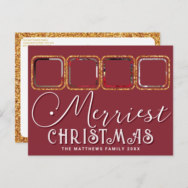 Chic Holiday Photo Script Gold Red Christmas Postcard (Front/Back)