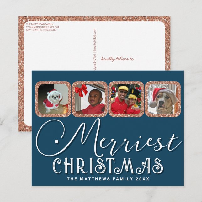 Chic Holiday Photo Script Rose Gold Blue Christmas Postcard (Front/Back)