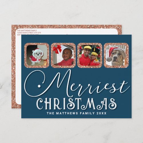 Chic Holiday Photo Script Rose Gold Blue Christmas Postcard