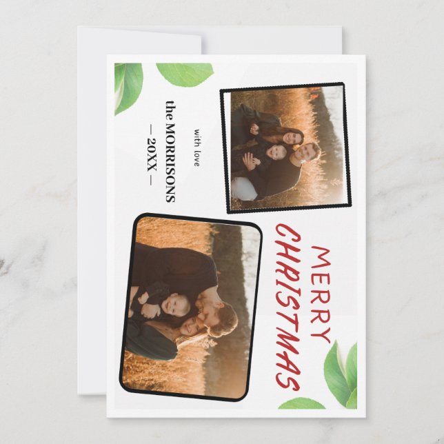 Chic Holly Berries Merry Christmas 2 Photo card (Front)
