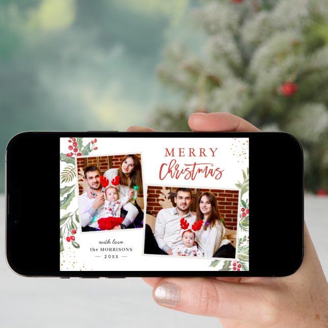 Chic Holly Berries Merry Christmas 2 Photo Holiday Card (Front Digital)