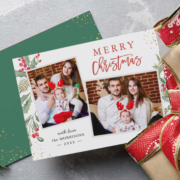 Chic Holly Berries Merry Christmas 2 Photo Holiday Card