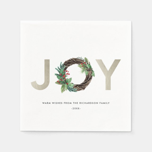 CHIC HOLLY BERRY GREEN SILVER JOY WREATH CHRISTMAS NAPKINS (Front)