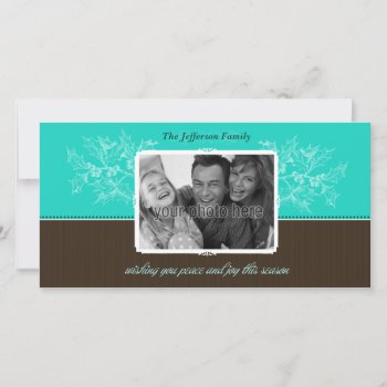 Chic Holly Christmas Photo Card In Blue by spinsugar at Zazzle