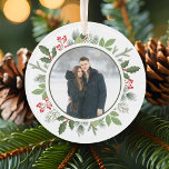 Chic Holly Wreath 2 Sided Couple Photo Christmas Ornament<br><div class="desc">This gorgeous olive green with holly berry Christmas wreath encircles your holiday photo inside of a circle. A chic 2 sided Christmas ornament keepsake for a modern couple. Botanical leaves spring out of the beautiful photograph. Add a 2nd picture on the back.</div>