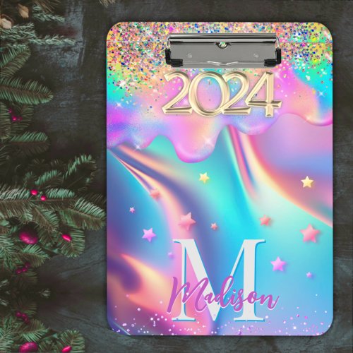 Chic holographic dripping glitter 2024 monogram clipboard