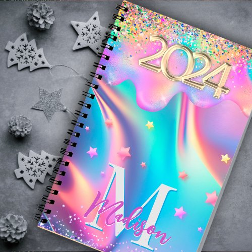 Chic holographic dripping glitter 2024 monogram notebook