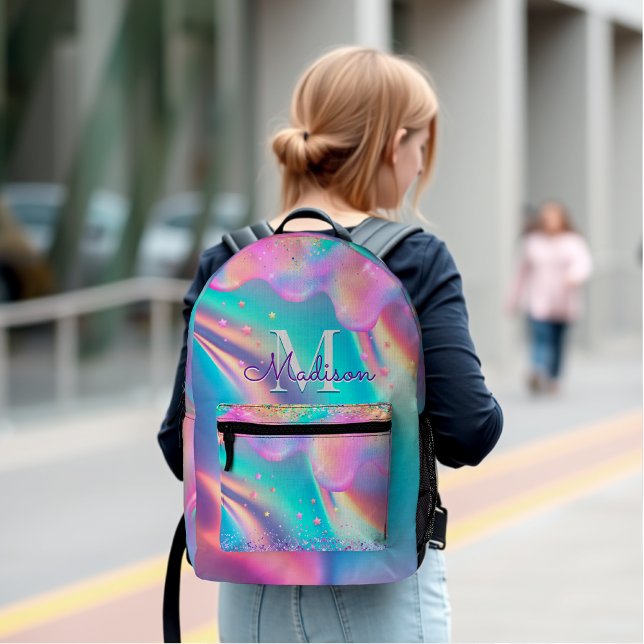 Chic holographic dripping glitter monogram printed backpack (Creator Uploaded)