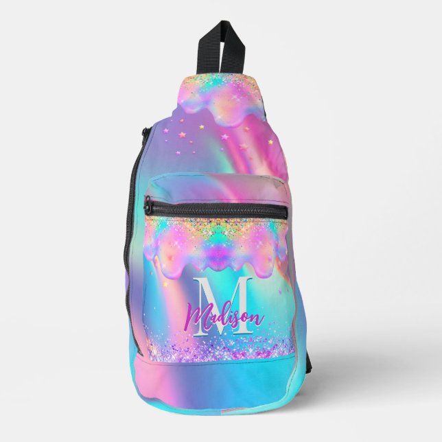Chic holographic dripping glitter monogram  sling bag (Front)