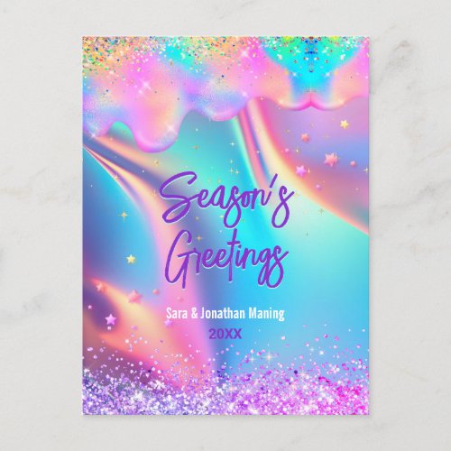 Chic holographic drips glitter Christmas new year Postcard