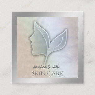 Chic holographic elegant girl face leaves square business card