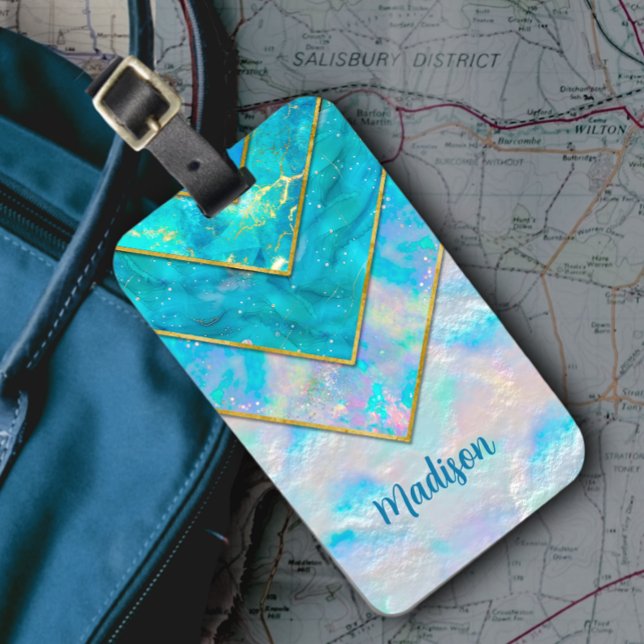 Chic holographic girly stylish blue sketchbook luggage tag (Creator Uploaded)