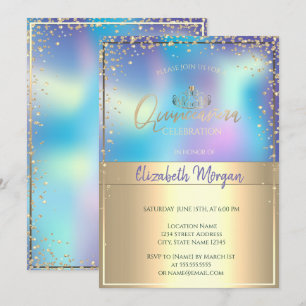 Chic Holographic Gold Tiara,Diamonds Quinceañera Invitation