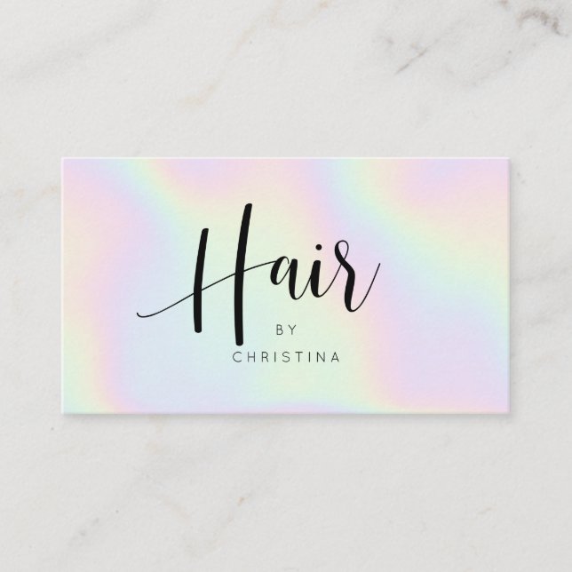 Chic holographic rainbow unicorn hair script business card (Front)
