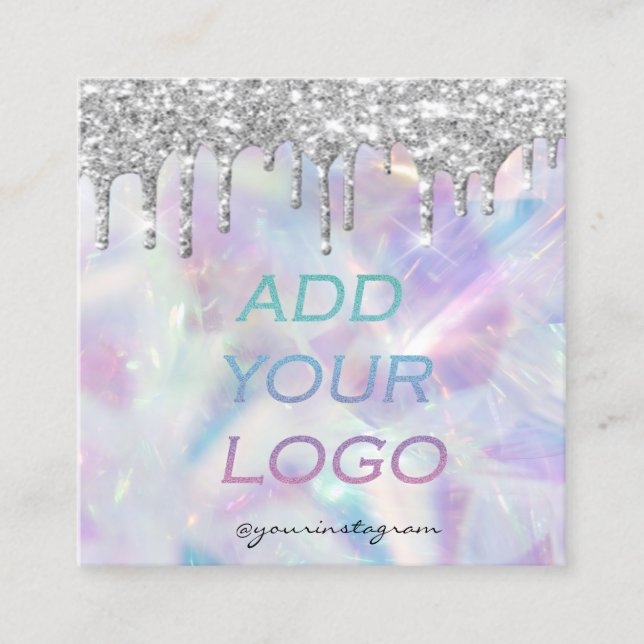 Chic Holographic Silver Glitter Drips  Your Logo Square Business Card (Front)
