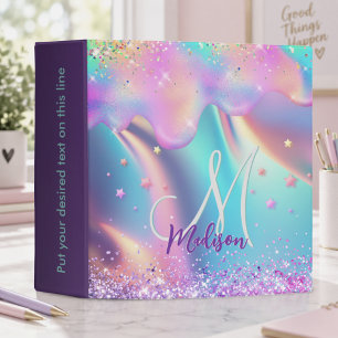 Chic holographic unicorn dripping glitter monogram 3 ring binder