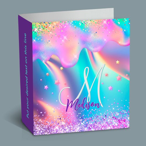 Chic holographic unicorn dripping glitter monogram 3 ring binder