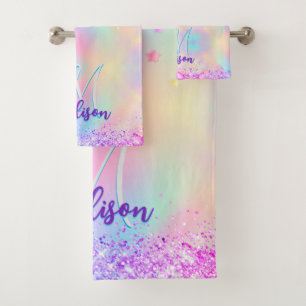 Chic holographic unicorn dripping glitter monogram bath towel set
