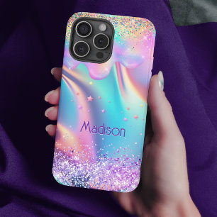 Chic holographic unicorn dripping glitter monogram iPhone 16 pro case