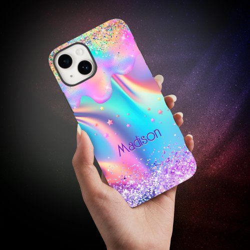 Chic holographic unicorn dripping glitter monogram iPhone 15 case