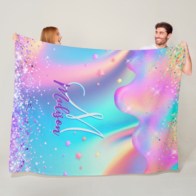 Chic holographic unicorn dripping glitter monogram fleece blanket (In Situ)