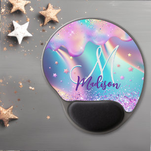 Chic holographic unicorn dripping glitter monogram gel mouse pad