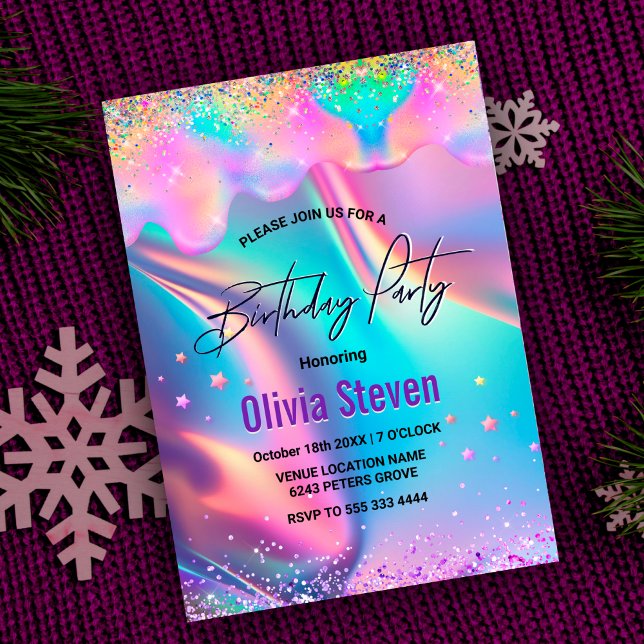 Chic holographic unicorn dripping glitter monogram invitation (Creator Uploaded)