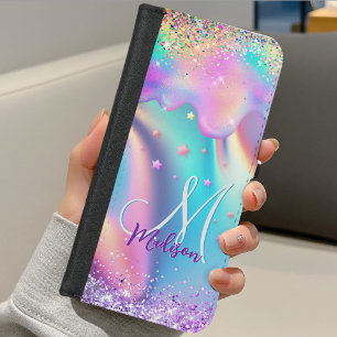 Chic holographic unicorn dripping glitter monogram iPhone 8/7 wallet case